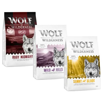 Wolf of Wilderness Ruby Midnight, Wild Hills et Sunny Glade, sacs de croquettes avec recettes sans céréales, noms visibles sur chaque emballage.