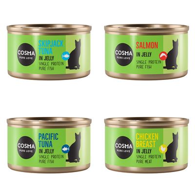 Cosma Pure Love Katzenfutter in Jelly: Skipjack Tuna, Salmon, Pacific Tuna, Chicken Breast. Single Protein, pure Fisch oder Fleisch.