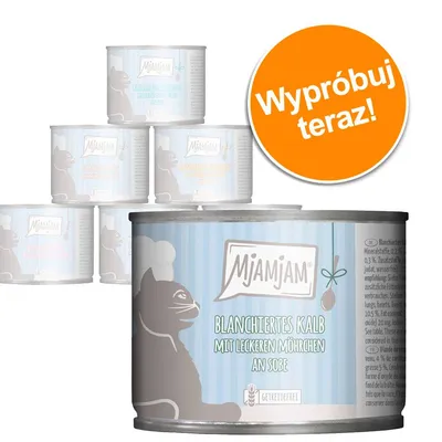 Mjamjam Blanchiertes Kalb mit leckeren Möhrchen an Soße, puszka z ilustracją kota; pomarańczowe kółko z napisem: Wypróbuj teraz! Mjamjam Blanchiertes Kalb mit leckeren Möhrchen an Soße, puszka z ilustracją kota; pomarańczowe kółko z napisem: Wypróbuj teraz!
