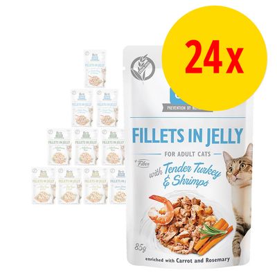 Brit Care Fillets in Jelly for Adult Cats, with Tender Turkey & Shrimps, enriched with Carrot and Rosemary, 24 x 85 g poser vist på billedet