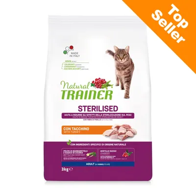 Natural Trainer Sterilised z indykiem, 3 kg. Bez barwników, konserwantów, cukrów dodanych. Z burakiem i żurawiną. Top Seller. Dla dorosłych kotów po sterylizacji.