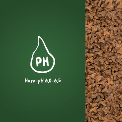 Harn-pH-Wert 6,0-6,5. Symbol eines Tropfens mit der Aufschrift 'pH'. Rechts im Bild Nahaufnahme von braunen Trockenfutterstücken.