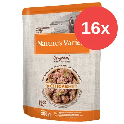 Pack de 16 sobres Nature's Variety Original Paté para perros adultos medianos/grandes (+10 kg), sabor pollo, sin cereales, peso neto 300 g. Texto visible: NO GRAIN, CHICKEN.