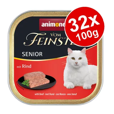 animonda Vom Feinsten Senior mit Rind, 32 x 100g. Image shows tray with beef pâté and a white cat. Visible text: with Beef, met Rund, con Manzo, avec bœuf. animonda Vom Feinsten Senior mit Rind, 32 x 100g. Image shows tray with beef pâté and a white cat. Visible text: with Beef, met Rund, con Manzo, avec bœuf.