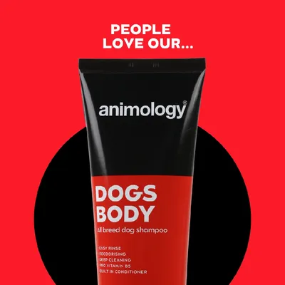 Animology Dogs Body all breed dog shampoo with easy rinse, deodorising, deep cleaning, pro vitamin B5 and built-in conditioner features. Text: People love our...