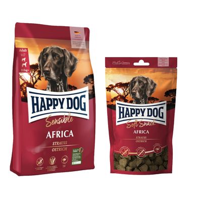 Happy Dog Kombi-Paket:  Supreme Sensible 10 / 12,5 kg + 5 x 100 g Soft Snack Sensible Africa 12,5kg + Africa 5 x 100 g