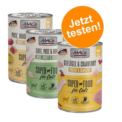 MAC´s Kombi-Paket 18 x 400 g Nassfutter 6 x 400 g Pute, Rind & Heidelbeeren + 6 x 400 g Lachs & Huhn + 6 x 400 g Huhn PUR mit ganzen Geflügelherzen
