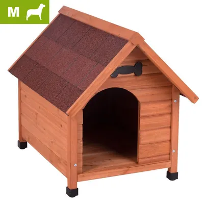 Niche pour chien en bois, toit à deux pentes avec tuiles rouges, taille M indiquée dans un carré vert avec pictogramme de chien. Niche pour chien en bois, toit à deux pentes avec tuiles rouges, taille M indiquée dans un carré vert avec pictogramme de chien.
