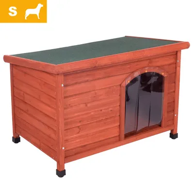 Niche pour chien en bois avec toit plat vert, entrée protégée par lamelles plastiques. Icône jaune en haut à gauche : silhouette de chien et lettre S indiquant la taille.