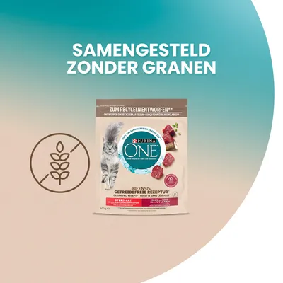 Purina One kattenvoer, samengesteld zonder granen. Op de verpakking: Bifensis, getreidevrije receptuur, sterelcat, ontworpen om recyclebaar te zijn. Afbeelding van kat en vleesblokjes.