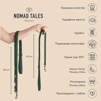 Повод Nomad Tales München, зелен, дължина 120 см и 200 см. Видими надписи: Премиум качество, Кадифена мекота, Удобен, Подходящи аксесоари, Пране при 30°C, Ниско тегло, Регулируем.