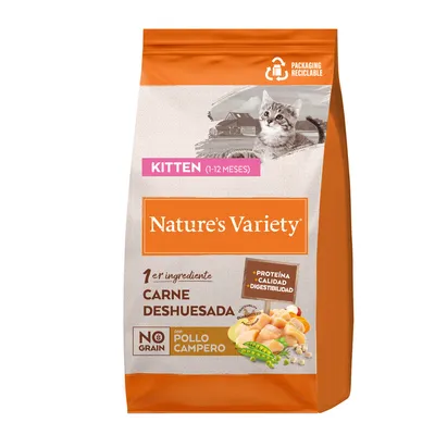 Nature's Variety Kitten (1-12 meses), carne deshuesada, sin cereales, con pollo campero. Envase reciclable. Proteína, calidad, digestibilidad.