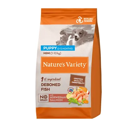 Nature's Variety Puppy Mini (1-10 kg), 2-12 months, deboned fish, grain-free, with Norwegian salmon, recyclable packaging.