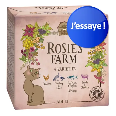 Rosie’s Farm 4 Varieties Adult, recettes sans céréales : Chicken, Turkey & Duck, Salmon Chicken & Shrimp, Lamb & Chicken. Pastille bleue avec texte « J’essaie ! »