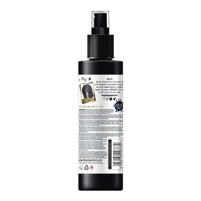 Spray bottle with detailed product information, usage instructions, ingredients list, barcode, website link and social media icons visible on the label.