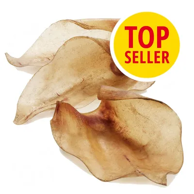 Orejas de cerdo deshidratadas con círculo amarillo y texto rojo 'TOP SELLER' en la esquina superior derecha. Orejas de cerdo deshidratadas con círculo amarillo y texto rojo 'TOP SELLER' en la esquina superior derecha.