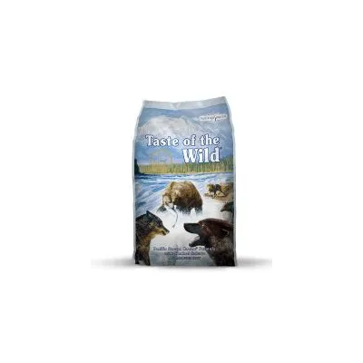 Zak hondenvoer met merknaam Taste of the Wild, afbeelding van beren en wolven bij een rivier. Onderaan tekst: Pacific Stream Canine Formula with Smoked Salmon.