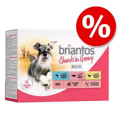 Briantos Chunks in Gravy Mixed Box. Getreidefreie Rezeptur, ohne Zuckerzusatz, keine künstlichen Aromen. Sorten: Lachs & Karotten, Rind & Karotten, Huhn & Karotten.