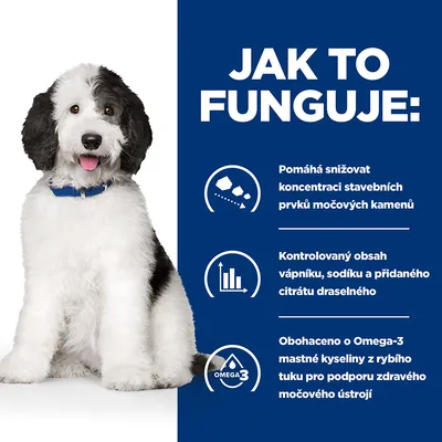 Jak to funguje: Pomáhá snižovat koncentraci stavebních prvků močových kamenů, kontrolovaný obsah vápníku, sodíku a citrátu draselného, obohaceno o Omega-3 z rybího tuku.
