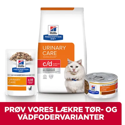 Hill's Prescription Diet Urinary Care c/d multicare stress kattefoder, tør- og vådfoder. Tekst: PRØV VORES LÆKRE TØR- OG VÅDFODERVARIANTER.