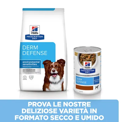 Hill's Prescription Diet Derm Defense per cani, sensitività ambientali. Confezione secca e lattina umida. Testo: Prova le nostre deliziose varietà in formato secco e umido.
