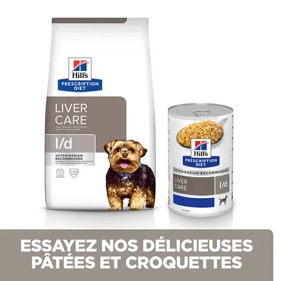 Hill's Prescription Diet Liver Care l/d pour chien, sac de croquettes et boîte de pâtée visibles, texte : Essayez nos délicieuses pâtées et croquettes.