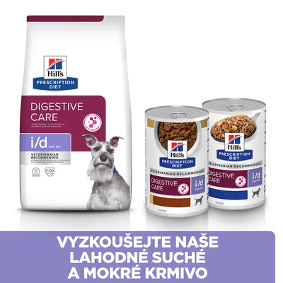 Hill's Prescription Diet Digestive Care i/d low fat suché a mokré krmivo pro psy. Text: Vyzkoušejte naše lahodné suché a mokré krmivo.