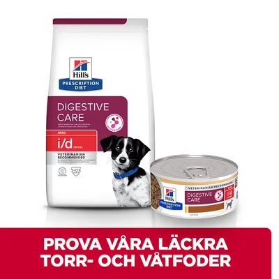 Hill's Prescription Diet Digestive Care i/d stress Mini torrfoderpåse och våtfoderrburk för hund. Text: Prova våra läckra torr- och våtfoder.