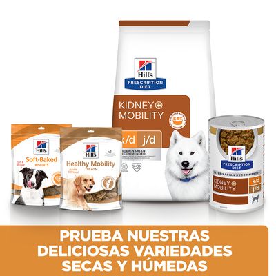 Variedades de Hill's Prescription Diet Kidney + Mobility: pienso seco, lata húmeda, Soft-Baked Biscuits y Healthy Mobility Treats. Texto: Prueba nuestras deliciosas variedades secas y húmedas.