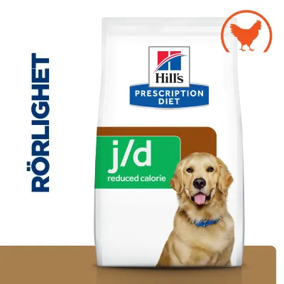 Hill's Prescription Diet j/d reduced calorie hundfoder, bild på hund, texten RÖRLIGHET och en orange siluett av en höna synliga på förpackningen.