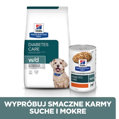 Hill's Prescription Diet Diabetes Care w/d karma sucha i mokra, opakowanie oraz puszka z widoczną nazwą produktu. Napis: Wypróbuj smaczne karmy suche i mokre.