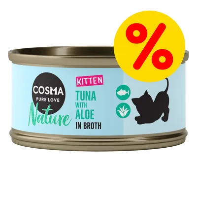 Cosma Pure Love Nature Kitten, Tuna with Aloe in Broth, lattina con simbolo percentuale giallo per offerta visibile sull'etichetta. Cosma Pure Love Nature Kitten, Tuna with Aloe in Broth, lattina con simbolo percentuale giallo per offerta visibile sull'etichetta.