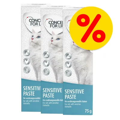 Confezione tripla Concept for Life Sensitive Paste per gatti, 75 g, con scritta 'For cats with sensitive stomachs' e simbolo percentuale rosso su sfondo giallo in alto a destra.