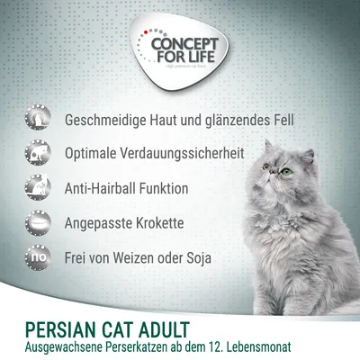 CONCEPT FOR LIFE. Geschmeidige Haut und glänzendes Fell, Optimale Verdauungssicherheit, Anti-Hairball Funktion, Angepasste Krokette, Frei von Weizen oder Soja. PERSIAN CAT ADULT.