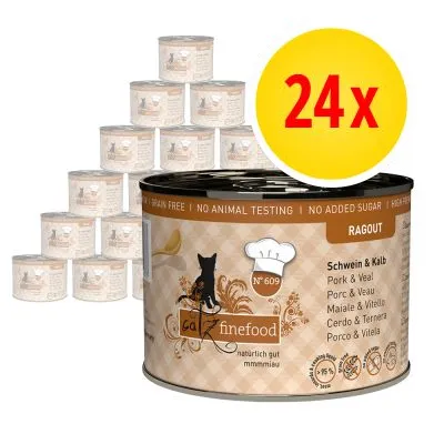 Multipack 24x catz finefood Ragout burkar, smak Schwein & Kalb (gris och kalv), text: grain free, no animal testing, no added sugar. Stor gul cirkel med röd text '24x'.
