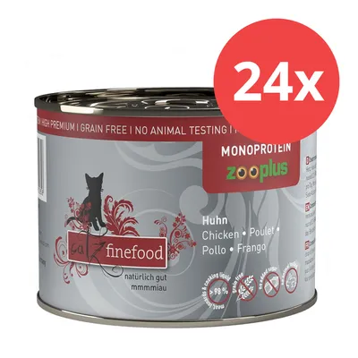 catz finefood Dose, Monoprotein Huhn, 24x. Natürlich gut, ohne Getreide, keine Tierversuche, 98% Fleischanteil, ohne Zuckerzusatz. Zooplus-Logo sichtbar. catz finefood Dose, Monoprotein Huhn, 24x. Natürlich gut, ohne Getreide, keine Tierversuche, 98% Fleischanteil, ohne Zuckerzusatz. Zooplus-Logo sichtbar.