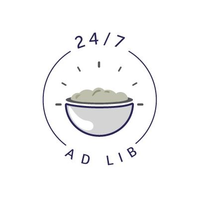 Icono de un cuenco de comida con texto visible: 24/7 AD LIB, indicando disponibilidad continua. Texto en inglés.