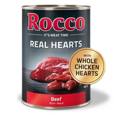 Rocco Real Hearts ternera con corazones de pollo enteros, lata de 400g. Texto: It's Meat Time, Beef, Rind, Bœuf.