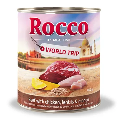 Rocco World Trip. Rind mit Huhn, Linsen und Mango. 800g Dose. It's Meat Time.