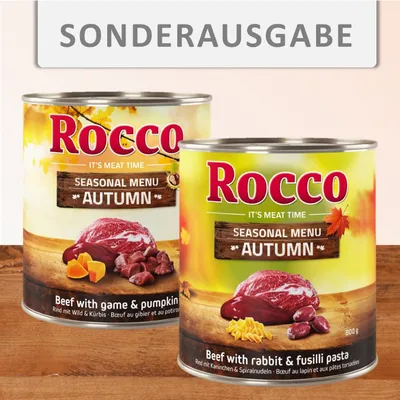 Rocco Seasonal Menu Autumn Sonderausgabe. Rind mit Wild & Kürbis, Rind mit Kaninchen & Spiralnudeln. 800g Dosen. Rocco Seasonal Menu Autumn Sonderausgabe. Rind mit Wild & Kürbis, Rind mit Kaninchen & Spiralnudeln. 800g Dosen.