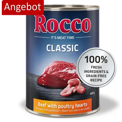 Rocco Classic Rind mit Geflügelherzen, 400g Dose. 100% frische Zutaten und getreidefreie Rezeptur. Angebot.