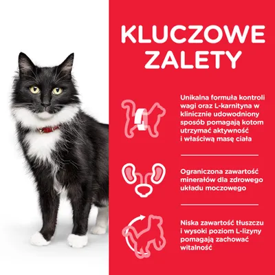 Kluczowe zalety: kontrola wagi i L-karnityna wspierają aktywność kotów, ograniczona ilość minerałów dla układu moczowego, niska zawartość tłuszczu i wysoka L-lizyna dla witalności.