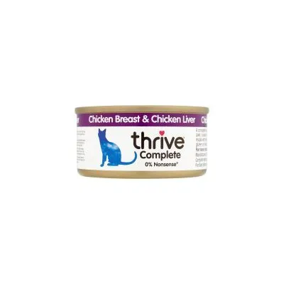 thrive Complete Chicken Breast & Chicken Liver, 0% Nonsense – puszka karmy dla kotów z piersią i wątrobą kurczaka, widoczny niebieski kot na etykiecie