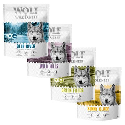 Wolf of Wilderness - vegyes próbacsomag "Classic": szarvas, lazac, bárány, kacsa (4 x 1 kg)