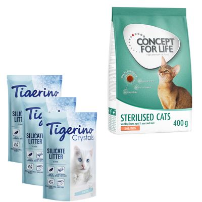 Próbacsomag: 3 x 5 l Tigerino Classic Crystals alom + 400 g Concept for Life Tigerino + Sterilised Cats lazac