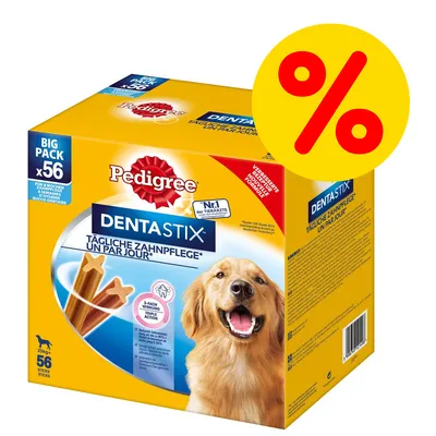 Pedigree DentaStix Big Pack x56, tägliche Zahnpflege, verbesserte Rezeptur, 3-fach Wirkung, für Hunde ab 25kg, gelbe Verpackung mit Hundebild und Prozentzeichen. Pedigree DentaStix Big Pack x56, tägliche Zahnpflege, verbesserte Rezeptur, 3-fach Wirkung, für Hunde ab 25kg, gelbe Verpackung mit Hundebild und Prozentzeichen.