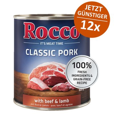 Rocco Classic Pork mit Rind & Lamm, 800g Dose. 100% frische Zutaten und getreidefreie Rezeptur. Jetzt günstiger im 12er-Pack.