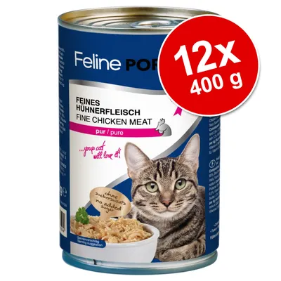 Feline Porta 21 Feines Hühnerfleisch Fine Chicken Meat pur, 12 x 400 g. Kuvassa kissanruokapurkki, jossa kananlihaa, teksti 'no added sugar'.