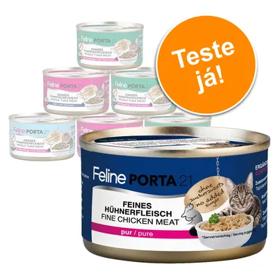 Várias latas de comida para gato Feline Porta 21, incluindo variedades com frango e atum. Texto visível: 'Teste já!' e 'Feines Hühnerfleisch Fine Chicken Meat pur/pure'.