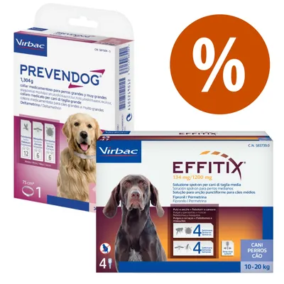 Pack de Virbac PREVENDOG collar para perros grandes y EFFITIX solución spot-on para perros medianos, con símbolo de porcentaje indicando oferta o descuento visible.